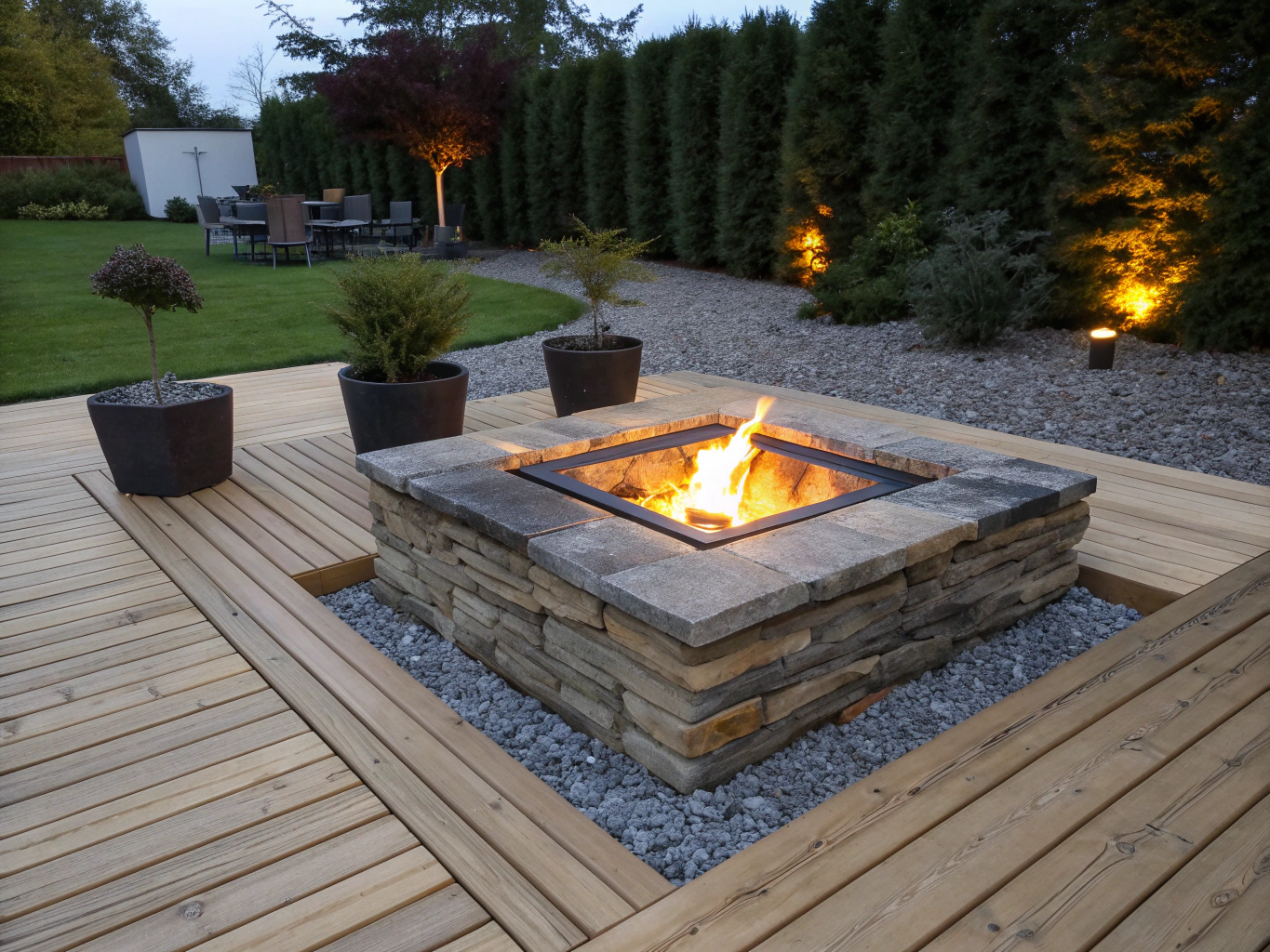 Modern stone fire pit integrated into a patio design
