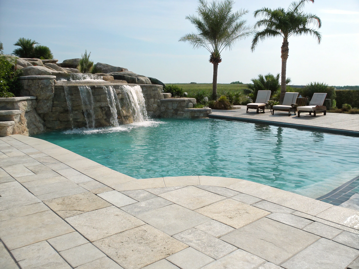 Large scale pool waterfall feature built with lightweight panels