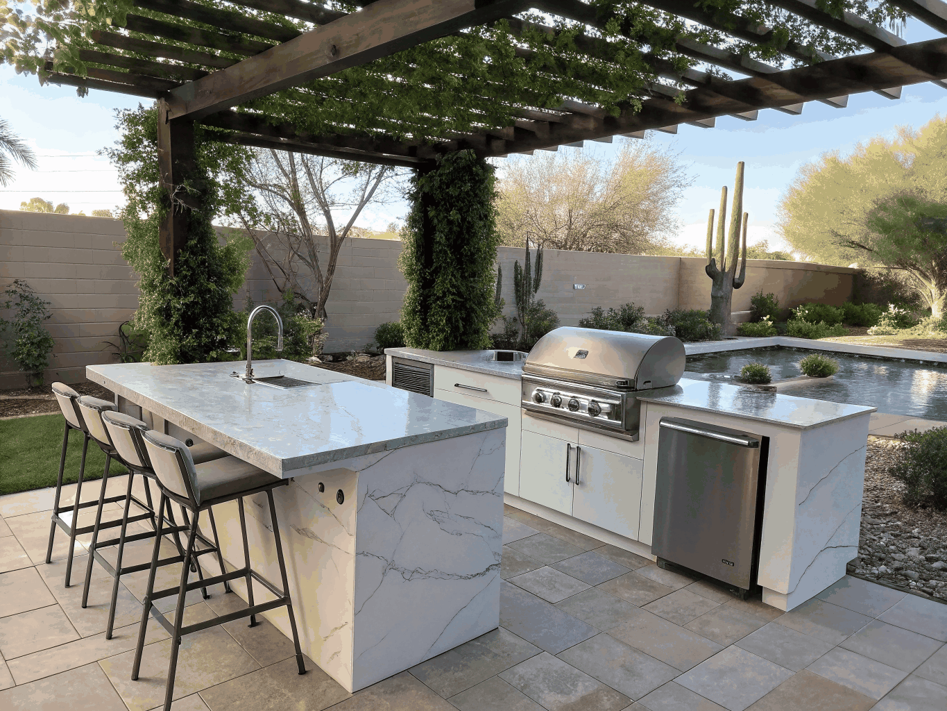 Complete outdoor living space with kitchen and seating